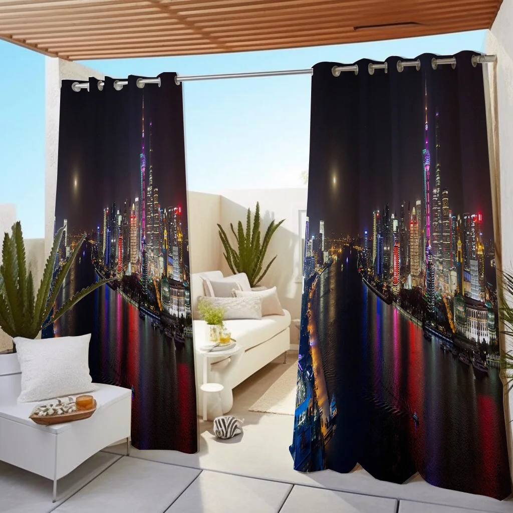 

1pc Outdoor Waterproof Oil-proof Curtains,Modern Sunshade City Night View Light River Building Print Curtain For Living Room