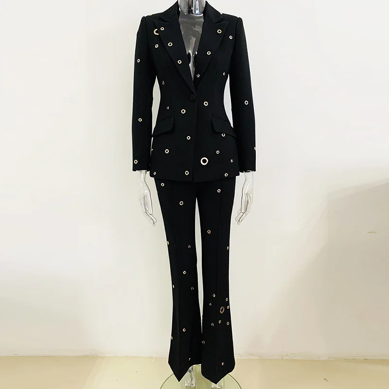 European American Heavy-Duty Metal Hole Single Button Suit Jacket Pant Set Two-Piece Trendy Outerwear for Women Celebrity Fashio