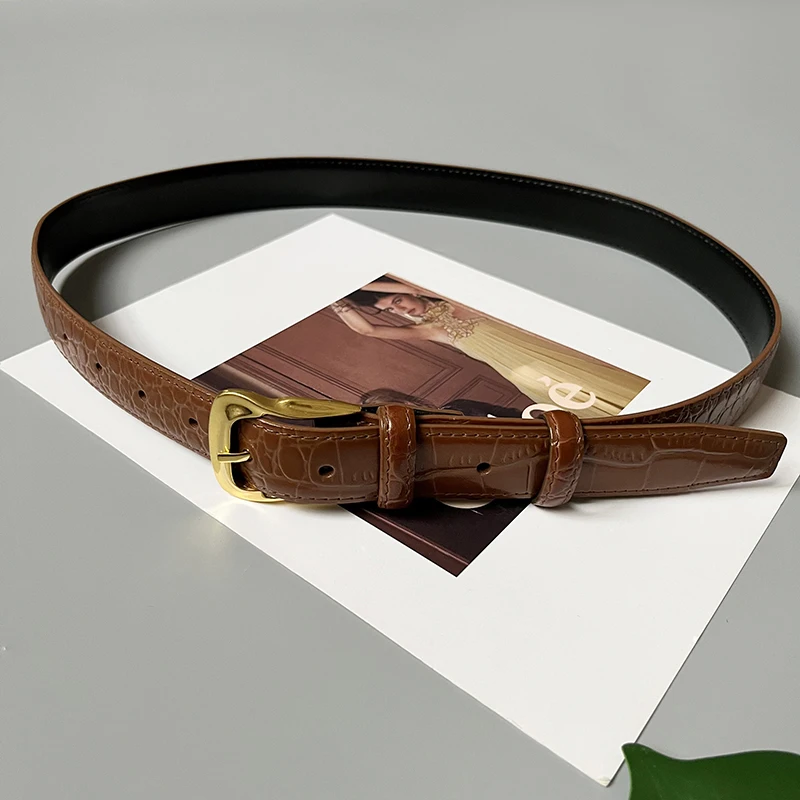 Cowhide Gold-Plated Buckle Belt Original Retro Classic Embossed Ladies Crocodile Belt Versatile Genuine Leather Trend 2.8cm Widt