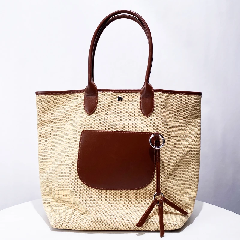 

Summer Retro Raffia Grass Tote Bag 2025New Style Large Capacity Contrast Color Handbag Travel Vacation Shopping Beach Bag Female