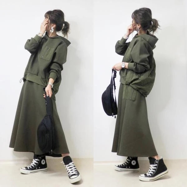 Chic Autumn Winter Hoodie Top And A-Line Skirt Set Elastic Waist Patchwork Long Sleeve Overhead Two-Piece Women's Fashion Ens...