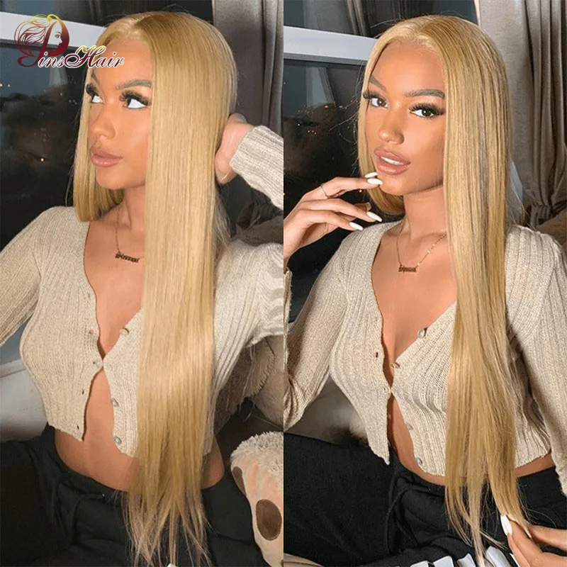 

Honey Blonde Lace Front Wig Colored 27 Bone Straight Human Hair Wigs Transparent Lace Wig Pre Plucked Peruvian Remy Blonde Wig