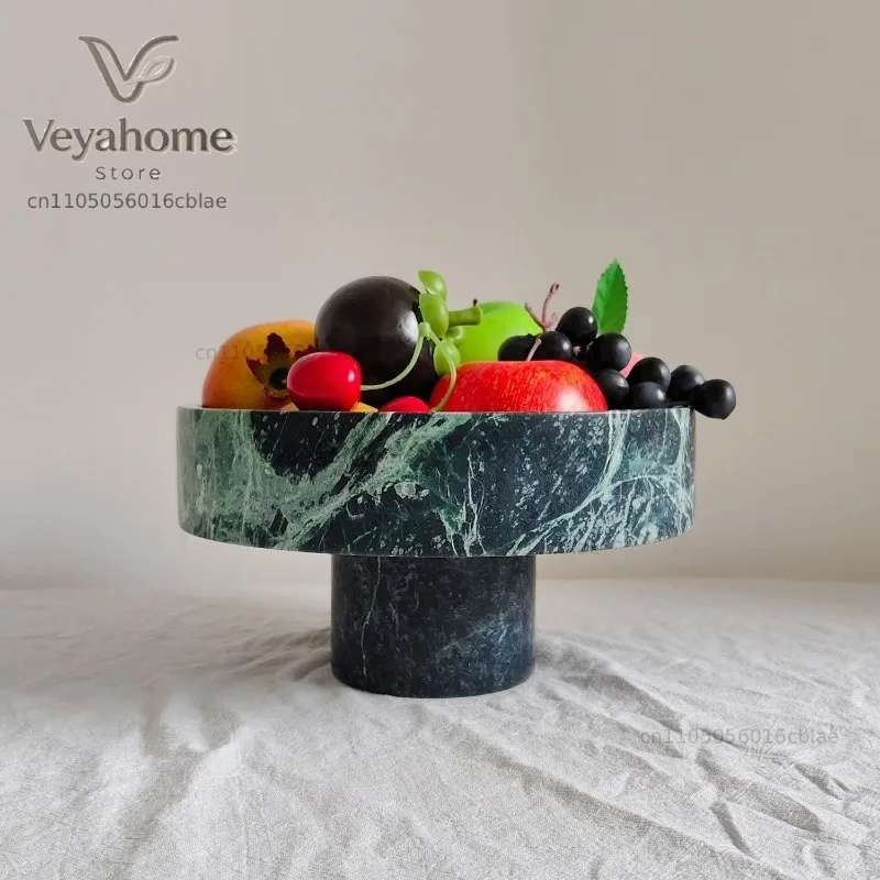 Light Luxury Natural Marble High-Foot Fruit Tray Decorative Item Sample Room Home Living Room Tabletop Storage Bowl Ornament