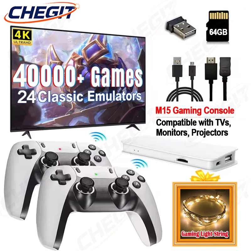 4K TV Game Stick 64G M15 Built-in 3/40000+ Retro Games Console with Wireless Gamepads, Supports 23+ Simulators for HD TV Gaming
