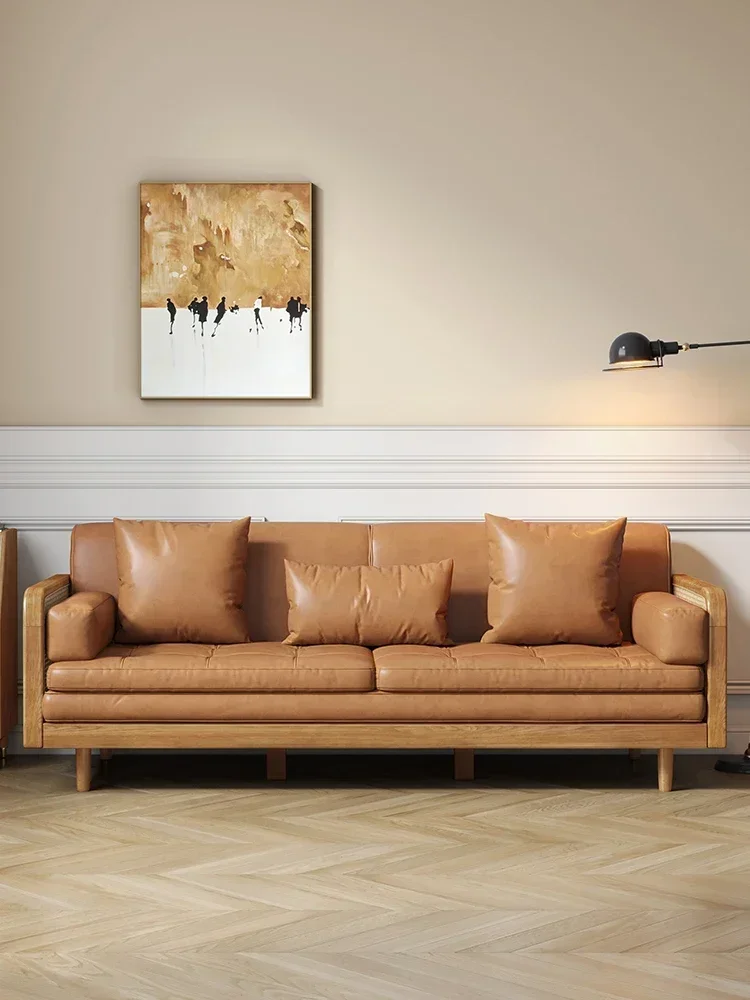 Nordic solid wood leather sofa living room small unit combination simple oak solid wood rattan woven leather art sofa