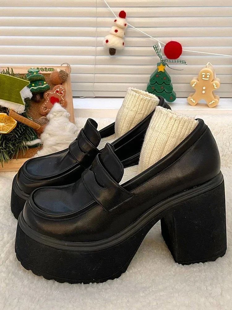 Chaussures Mary Janes à talons Super hauts pour femmes, mocassins en cuir verni noir à talons épais, chaussures d'uniforme Jk à enfiler