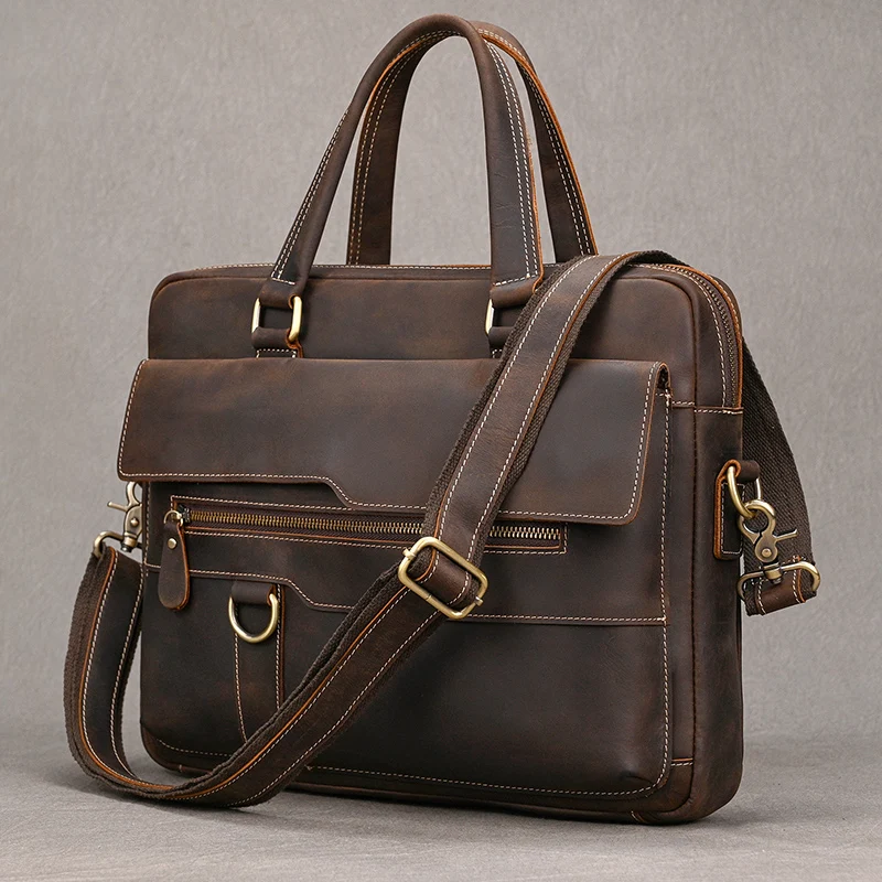 Genuine Leather Men's Business Briefcase Crazy Horse Leather Laptop Handbag Cowhide Male Tote Big Cowskin Crossbody Shouler Bag