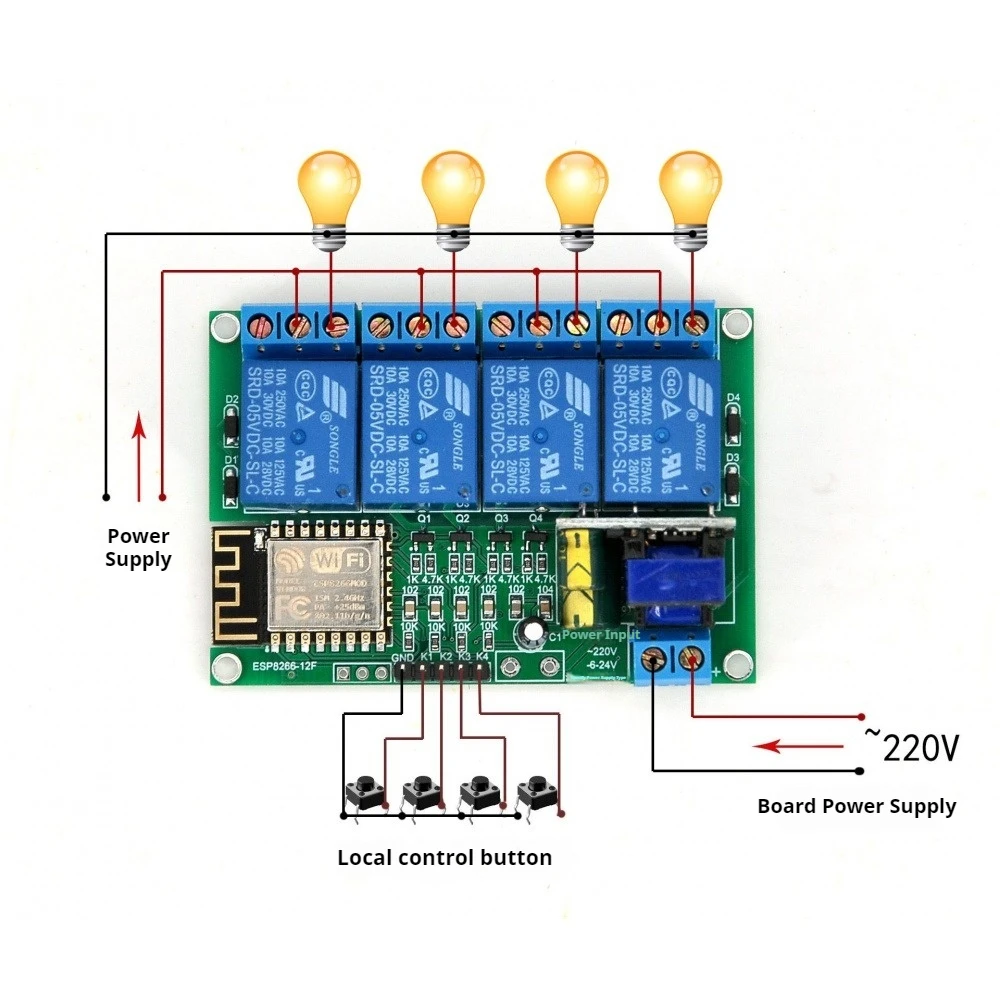​ESP8266-12F 4Way Secondary Development Relay Module WiFi 220V/12V Powered Remote Control Relay Support TCPServer/TCPClient Mode