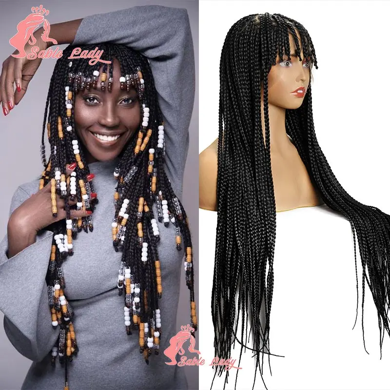 Synthetic Full Lace Braided Wig with Bangs 32inch Knotless Cornrow Box Braids Wig Lace Frontal Braided Lace Wig for Black Women