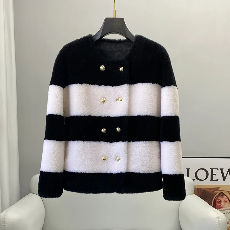 

PUDI Women Real Wool Fur Casual Stripe Overcoat Winter Warm Elegant Female Coat CT2126