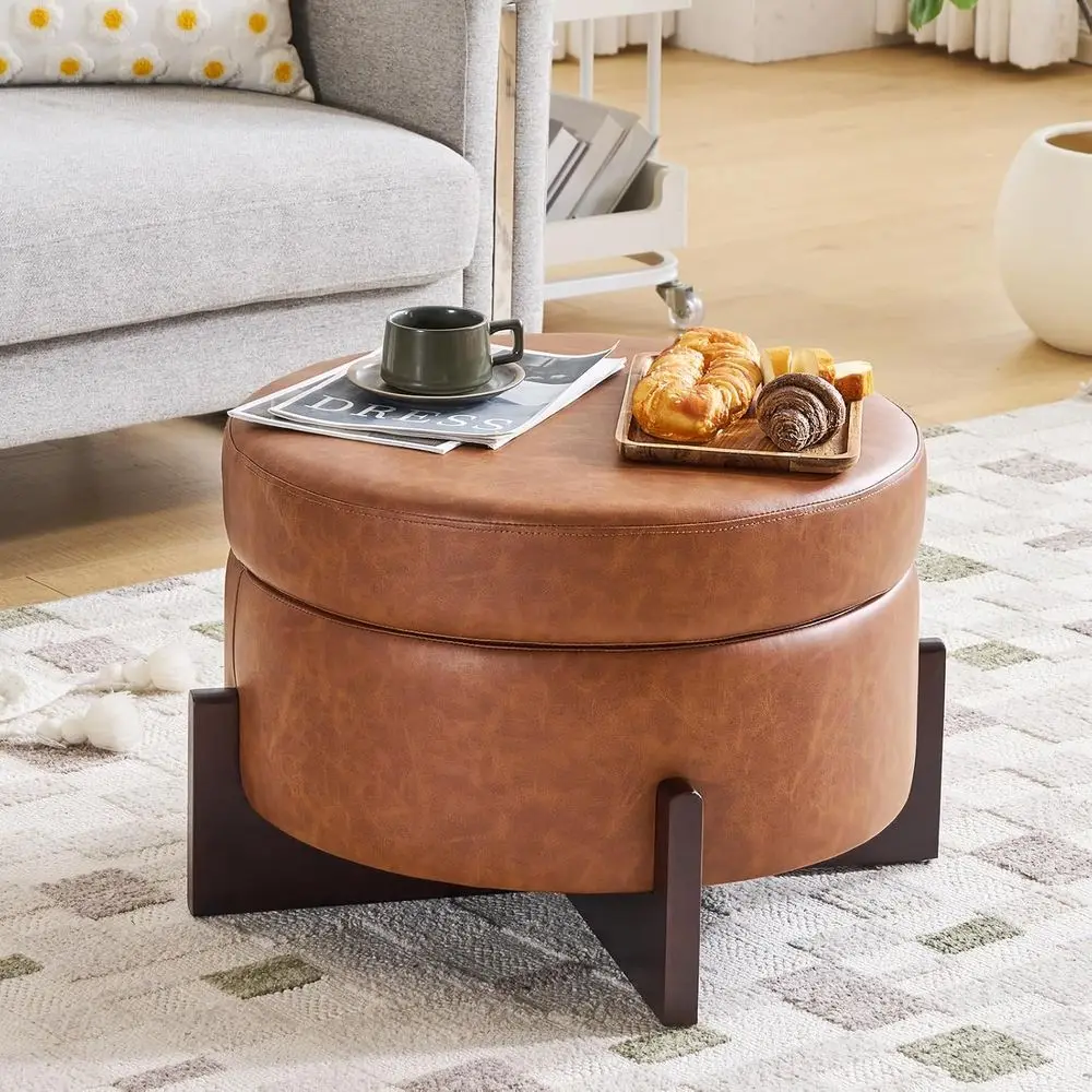 

26 Round Leather Ottoman with Storage, Removable Top Coffee Table, Upholstered for Living & Bedroom (Light Brown)