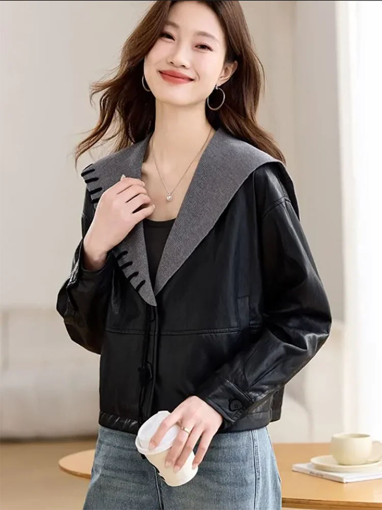 2025 primavera outono novo coreano contraste cor de malha costura jaqueta feminina outwear moda solta curto chique casual casaco de couro