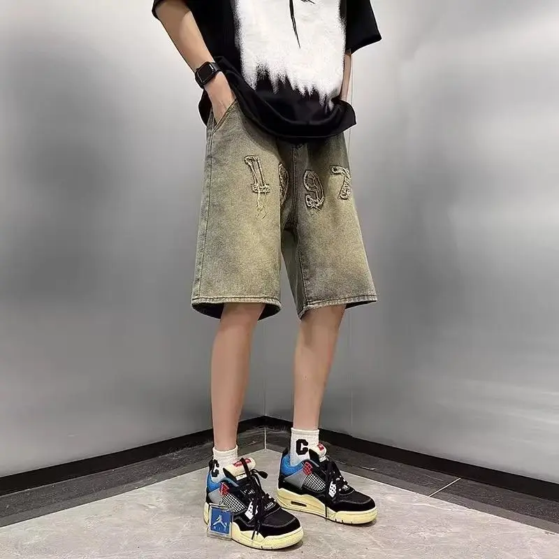 Get Men's Washed Distressed Vintage Denim Shorts with Straight Leg Cut and High Street Fashion for Urban Street Style