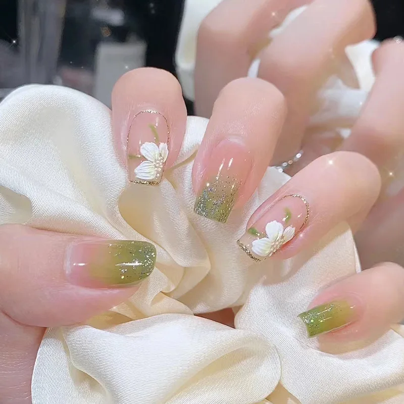 

24PCS Botanical French Press-On Nails–Medium-Long Square Shape With Green Ombré & White Camellia Glitter (Ethereal Garden Style)