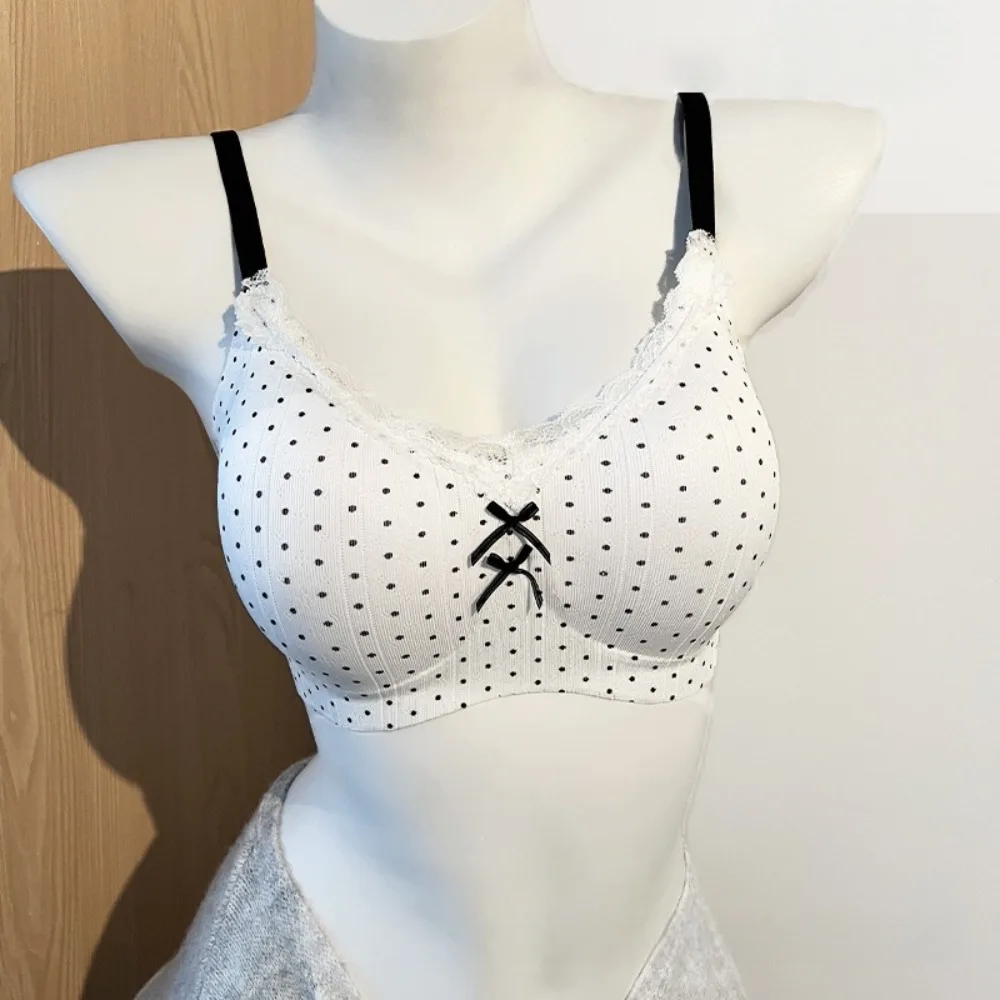 Traceless Lace Wireless V Bra Dots Pattern Shockproof Lace Floral Print Bra Flower Bow Lingerie Push Up Underwear Girls Women