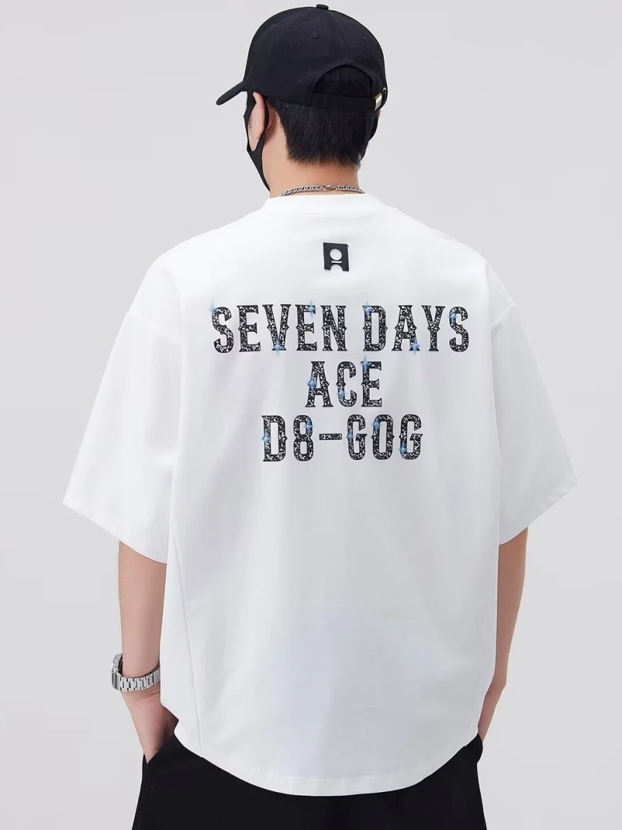 Summer American Casual Fashion Letter Bat Short Sleeve T-Shirt Men's Trendy Loose round Neck Half Sleeve Breathable Teenage