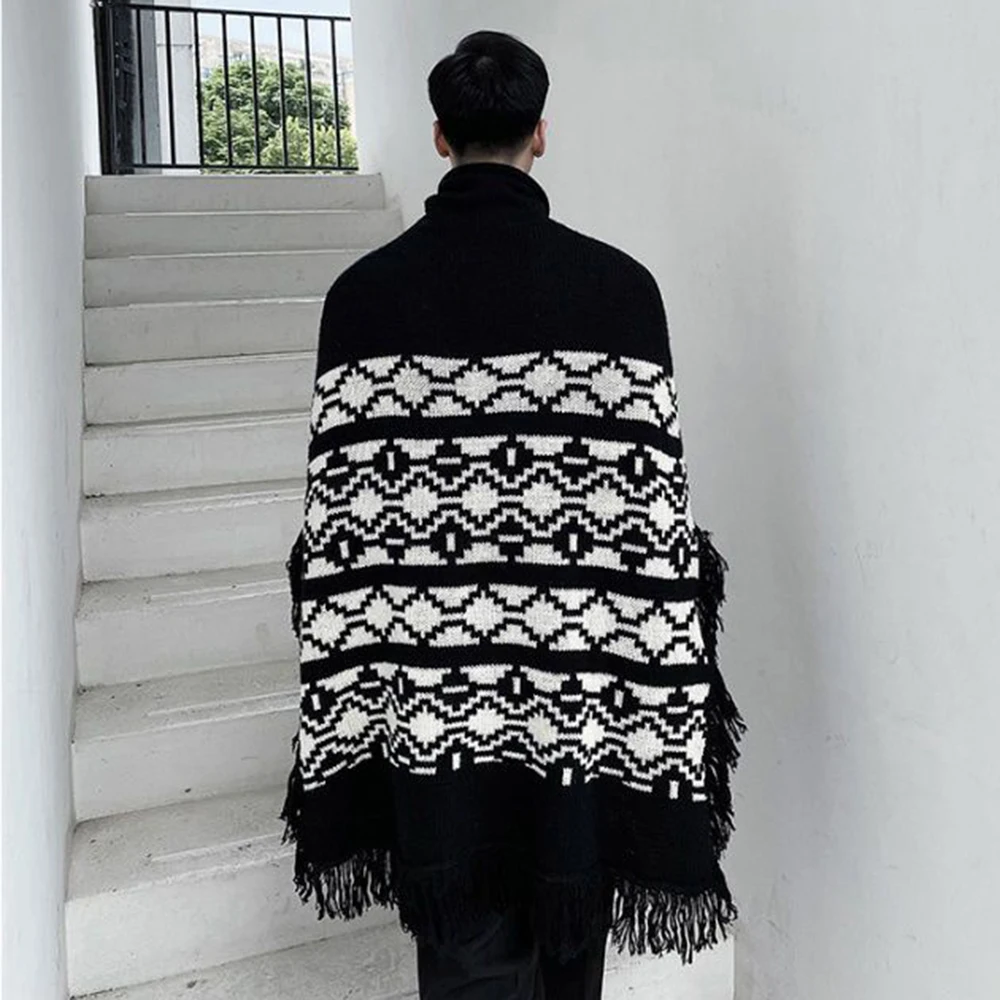 Mens Personalized Turtleneck Tassel Shawl Sweater Genderless Dark Style Geometric Pattern Jacquard Trendy Loose Cloak Unisex