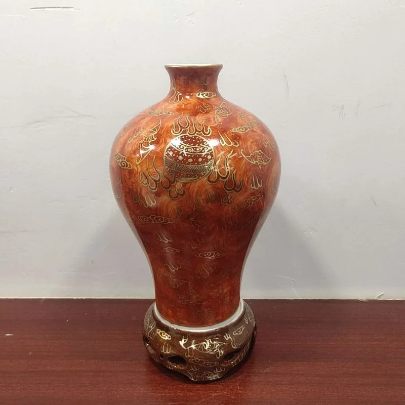 Jingdezhen ceramic enamel color red gold-painted dragon pattern plum vase antique vase Chinese living room decorative ornament B