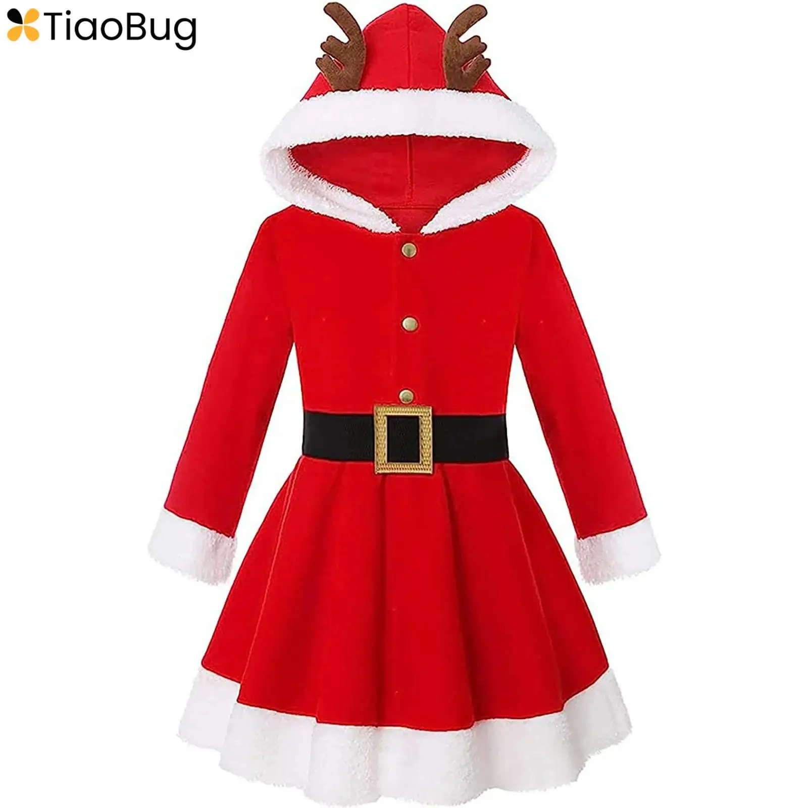 

Kids Girls Christmas Mrs. Santa Claus Costume Fleece Hoodie Dress Hooded Deer Ears Long Sleeve Dresses with Belt Xmas party Gown