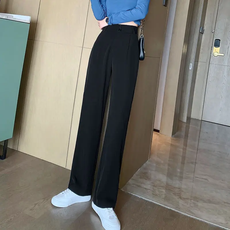 Dark Green Ice Silk Suit Wide-Leg Pants for Women Ladies Office Pants Autumn High Waist Drooping Straight Loose Casual Trousers