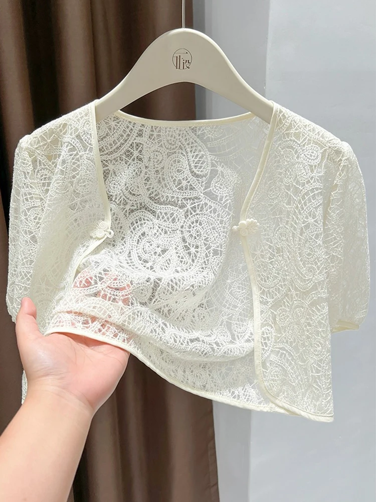 

Кружевной открытый кардиган Ele, летний тонкий ажурный корейский женский топ Sle ort Sve V Ne Color