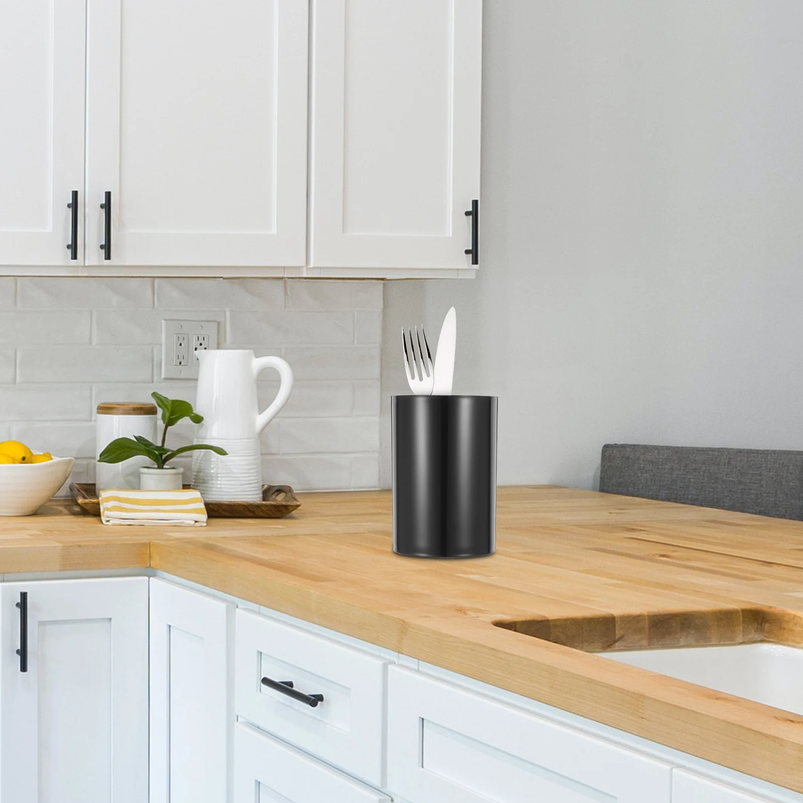

Kitchen Storage Cylinder Black Plastic Utensil Holder With Drain Holes Chopstick Container Flatware Organizer Countertop