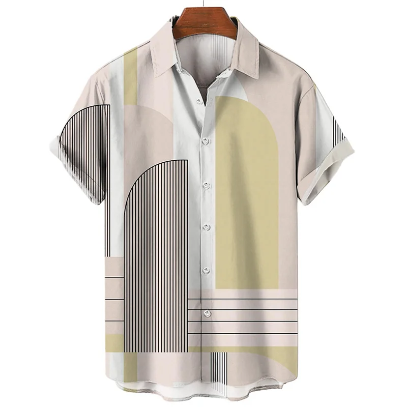 Camisa havaiana impressa em 3D masculina, Gráficos geométricos, Top de rua casual, manga curta, design minimalista, verão, 2023