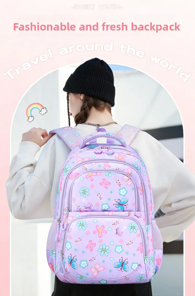 3pcs/set Flower Butterfly Prints School Backpack for Girls Bookbag set Elementary Middle School Student Backpack with Lunch Box