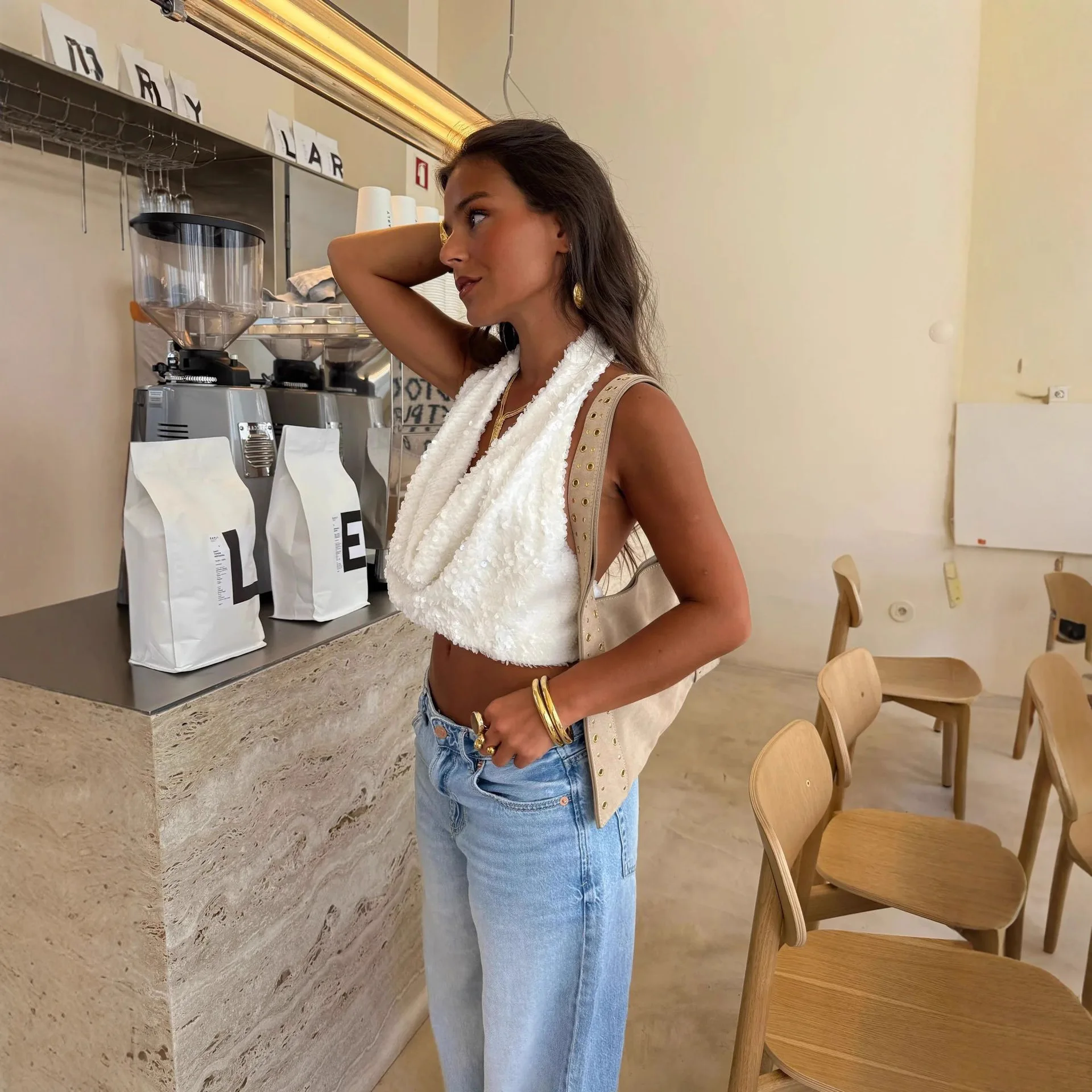 2025年新作 ホルターネック スリムフィット エレガント ファッション 細見え ビーチ バケーションスタイル タンクトップ