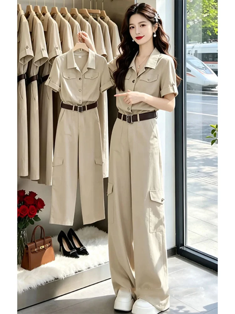 

Casual Style Workwear Jumpsuit Women's Fashion Summer 2026 High Waist Wide Leg Pants Breathable Short Sleeve Turn-down Collar