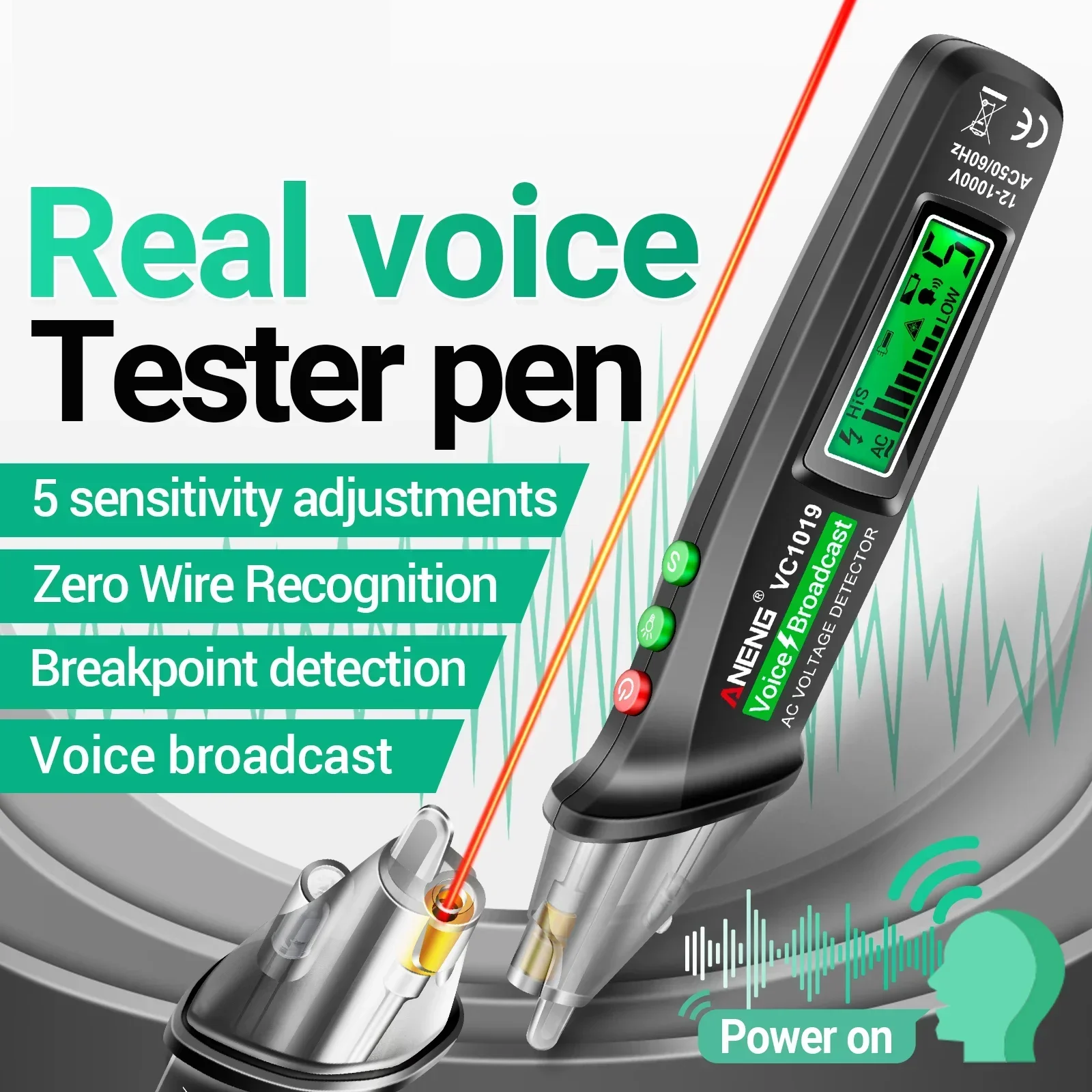 ANENG VC1019 LCD Digital Test Pen Non-contact Voice Broadcast Tester Pen Sensitivity Adjustable with Laser Indicator Sound Tools