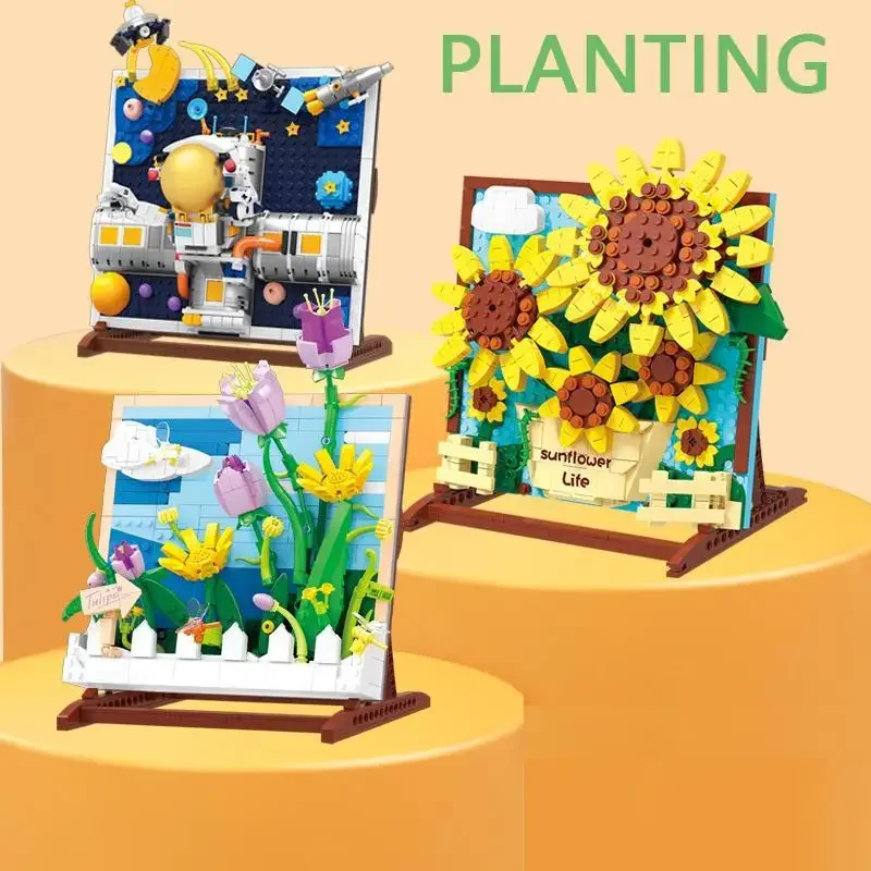 

Flower Frame Building Blocks Creative Artwork Painting Sunflower Tulip Frame Assembly Bricks Diy Decoration Girl Christmas Gifts