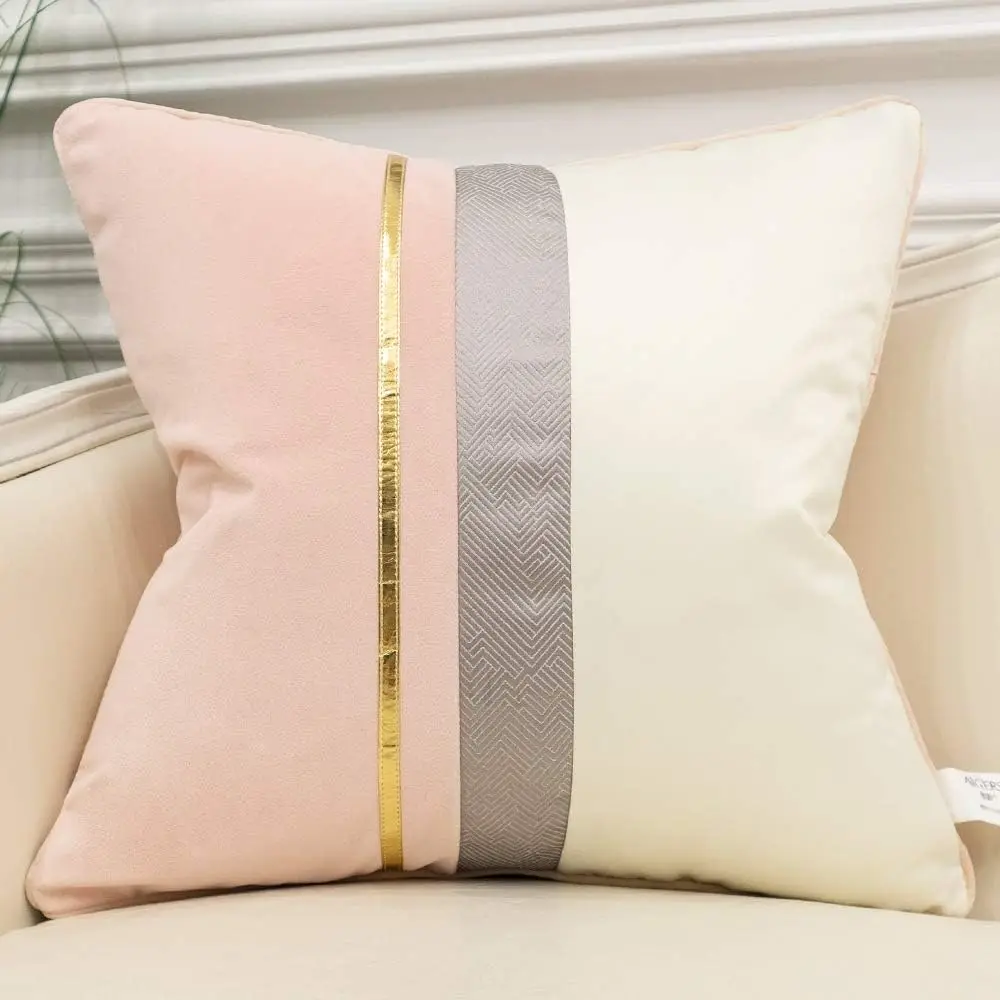 

22 X 22 Hes Pink White Gold Leather Striped Patchwork Velvet Cushion Case Luxury Modern Throw Pillow Cover Decorative Pillow