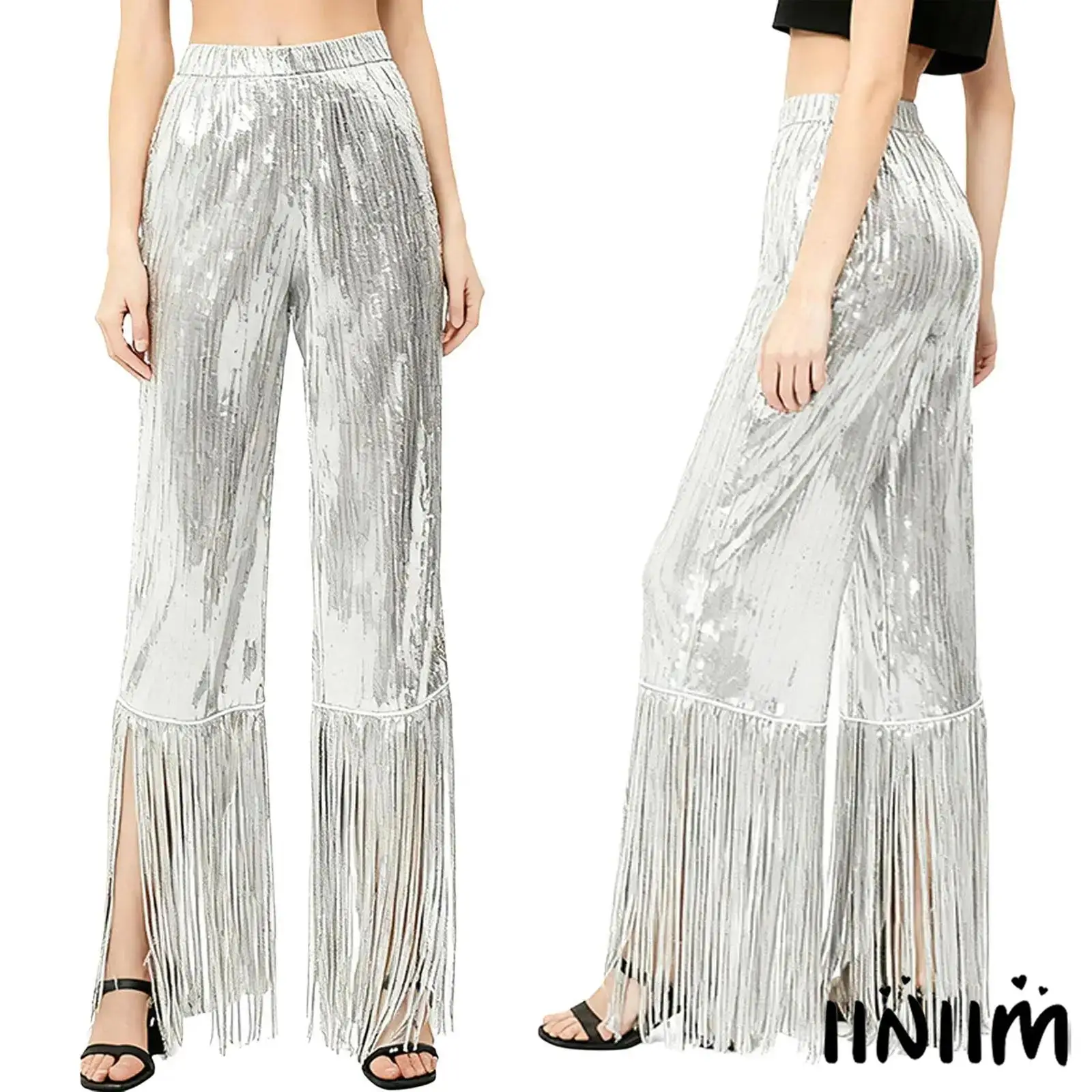 Dames vloeiende tangodansbroek Allover pailletten wijde pijpen broek met kwastjes Latin dansbroek voor Salsa ballroomdans