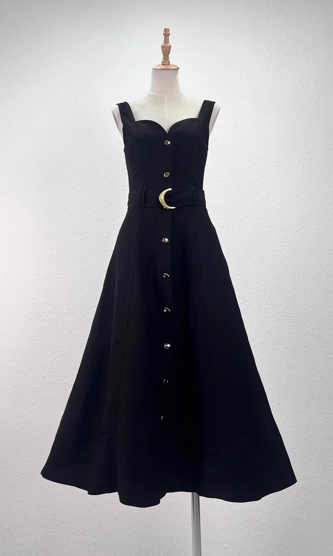 

2025 New Ladies Vest Midi Dress 3 Colors Metal Buttons Sleeveless Square Collar Elegant Female Robe