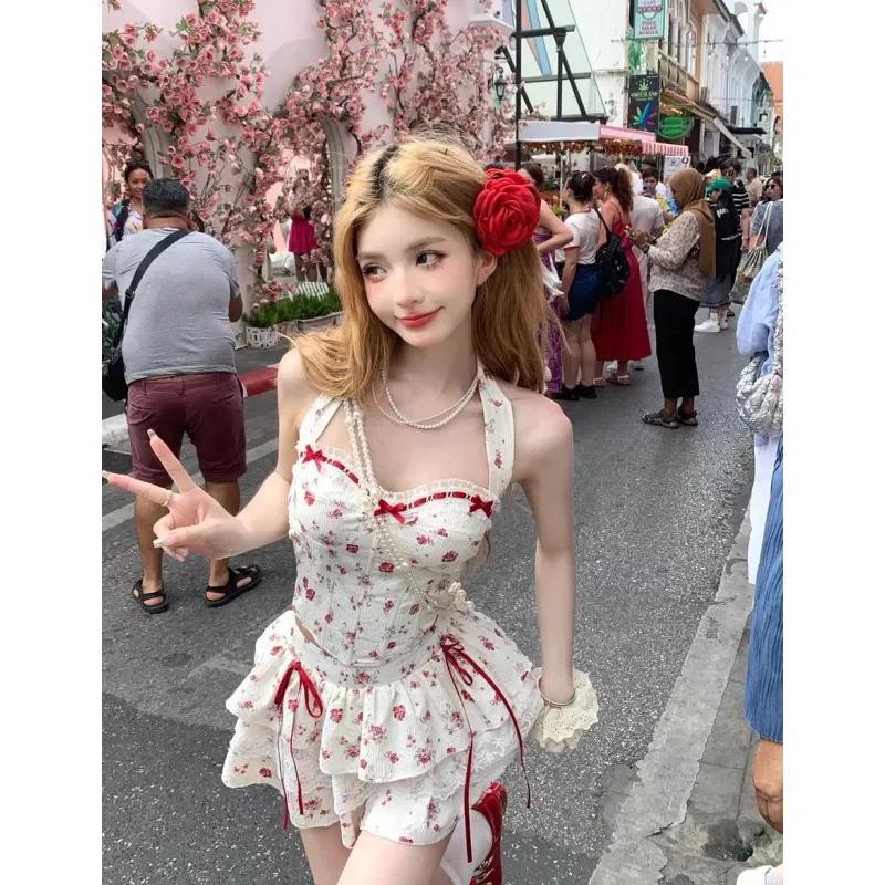 

Sweet Floral Print Bow Patchwork Camisole + Bubble Skirt Summer Spice Girl High Street 2 Pcs Sets Women Age Reduction Y2k Suits