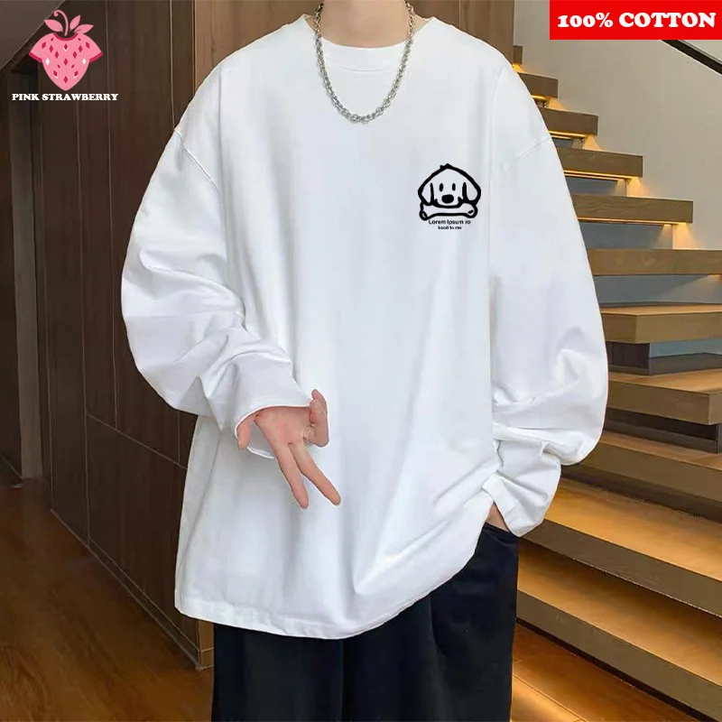 

Cute Abstract Puppy Print T-shirt Men Autumn 2025 New 100% Cotton White Long sleeves Loose Casual T-shirt Y2k Tops Male clothing
