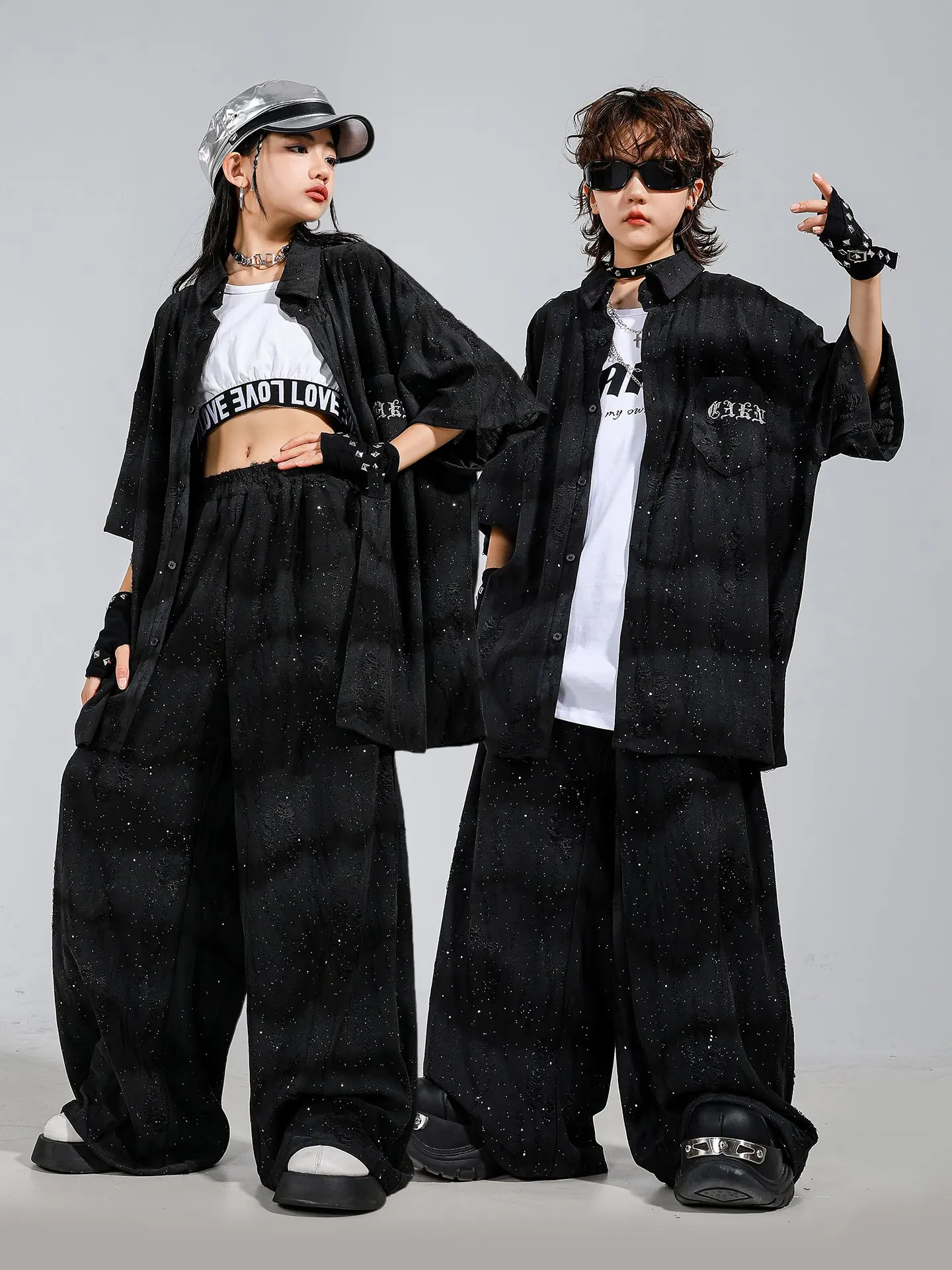 Vêtements Hip Hop brillants pour enfants, chemise noire à paillettes, pantalon pour garçons, manches courtes, Costume de spectacle de danse Jazz, Costume pour filles BL16549