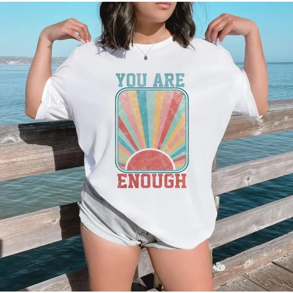 

You Are Enough Rainbow Graphic Printed Tshirts Summer Design T Shirts Leisure Loose Fit Top Tee Hip Hop Streetwear Women Summer