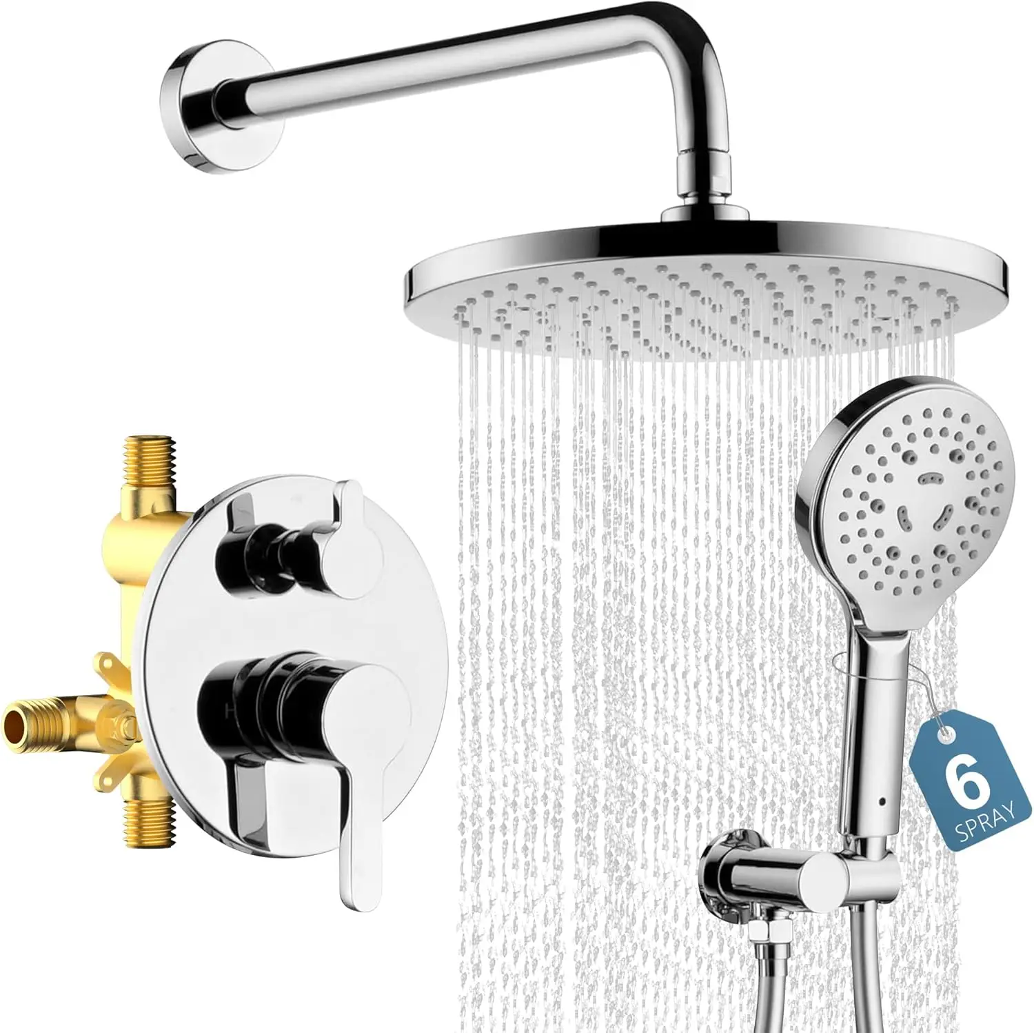 

10" Wall Mounted Rainfall Shower System with Handheld, High Pressure, Polished Chrome, Includes Rough-in Valve and Trim Kit