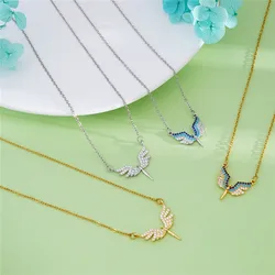 Light Luxury Angel Wing Zircon Pendant Necklace Stainless Steel Chains Fashion Geometric Choker Jewelry Gift For Women Girls