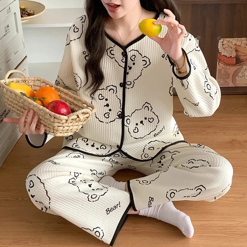 Bear Flower Print Pajamas Y2K Cardigan Princess Air Cotton Sandwich Pajamas Girls Cute Sweet Warm Loose Home Wear Set Hair New