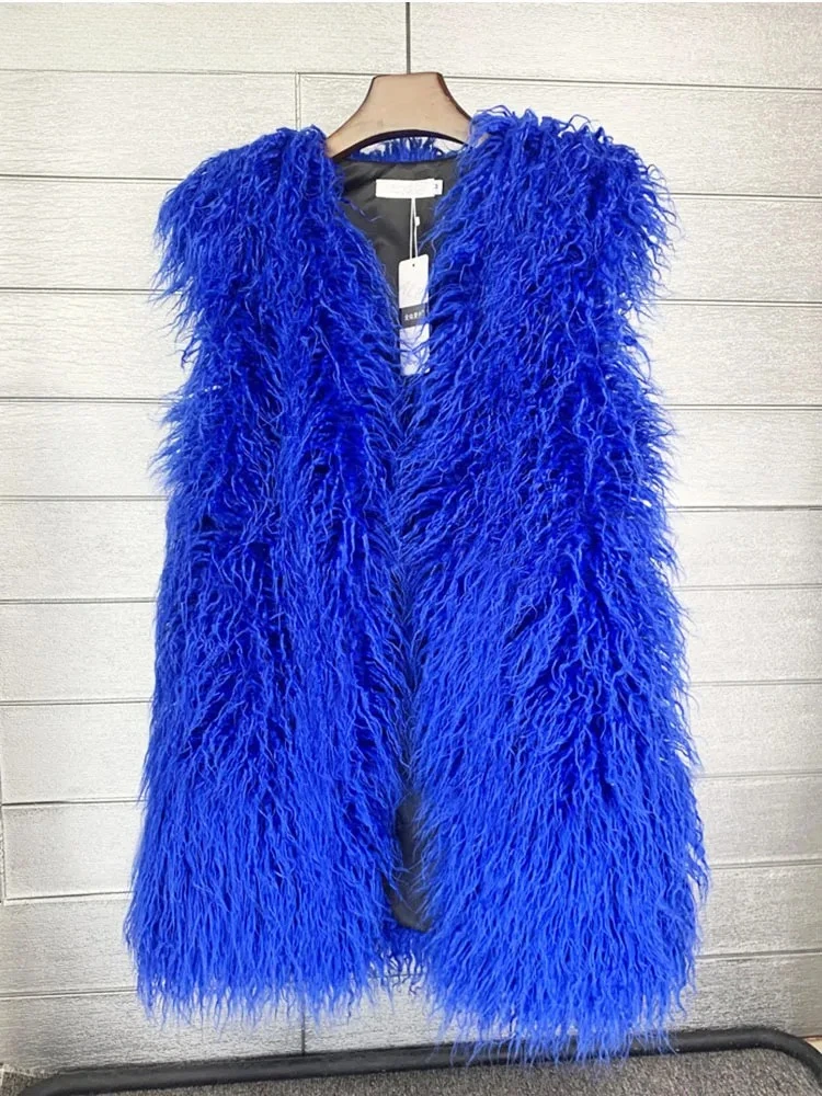 

2025 New Women 75cm Long Vest Colorful Warm Faux Fur High Street Plush Coats Female Jacket Autumn Winter Furry Outerwear