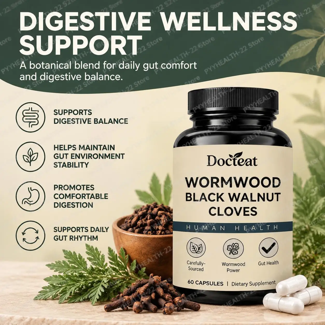 Supports Gut Environment Stability, Smooth Digestion & Digestive Balance,Wormwood Black Walnut Cloves Capsules, 60 Capsules