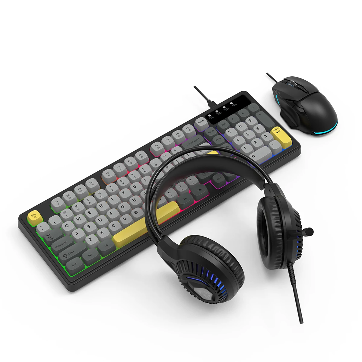 AJAZZ AT120 Teclado Ratón Auriculares Set de 3 piezas con cable USB para juegos, teclado de tamaño completo, ratón, auriculares estéreo