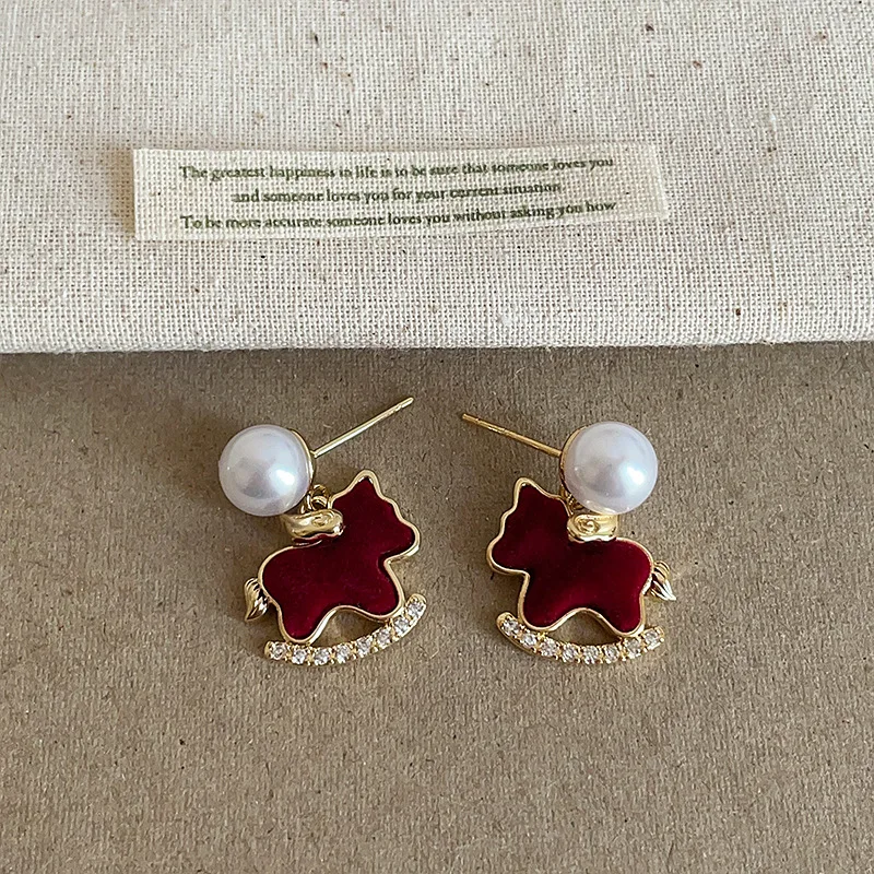 

Minar Kawail Red Plush Velvet Simulated Pearl Cartoon Horse Drop Earrings for Women Real Gold Plated Statement Holiday Jewelry
