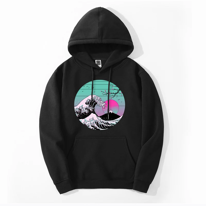 

The Great Wave Men's Fleece Cool Sweatshirt Vaporwave Hoodie Oversize Print Pullovers Big Size Vaporwave Streetwear 4XL