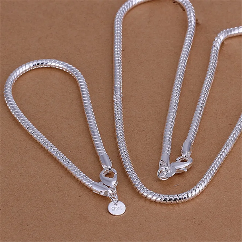 

Fine 3MM Snake bone chain 925 Sterling Silver Bracelets necklace Jewelry sets for men women fashion Brands party wedding Gifts