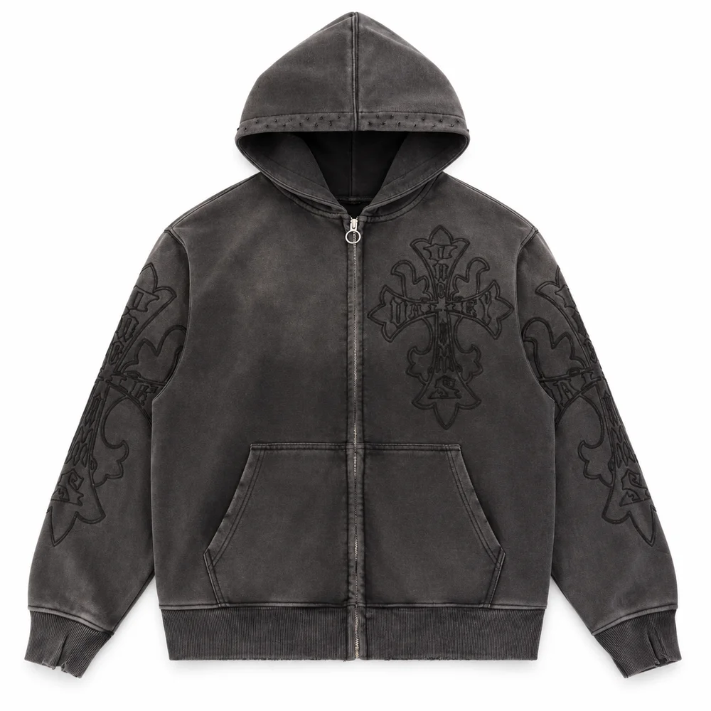 Unisex Washed Zip Hoodie Tonal Gothic Cross Embroidery Oversized Vintage Y2K Streetwear Jacket