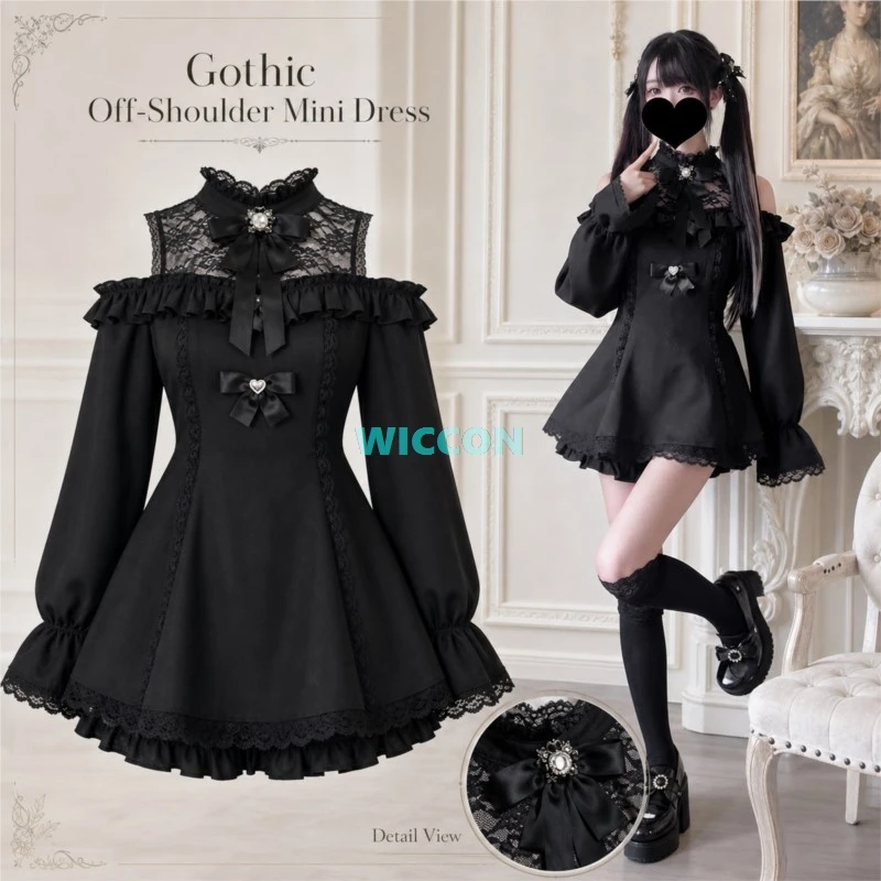 Japanese Jirai kei Gothic Style Women Lace Off Shoulder Long Sleeve Slim Shirts Rhinestone Bow Kawii Dress Shorts Set